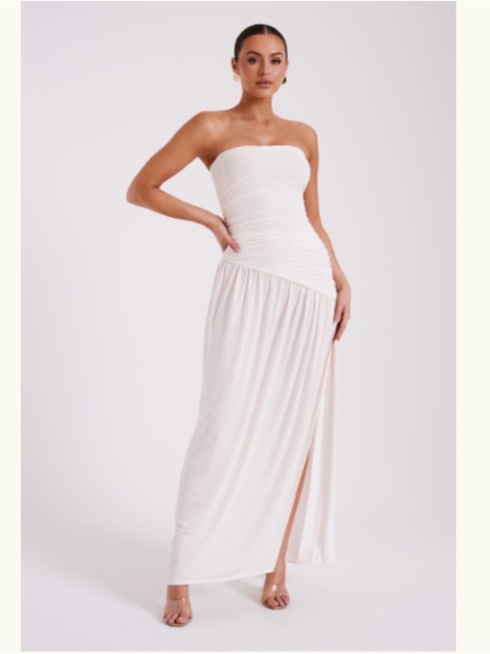 Meshki Strapless Ruched Maxi Dress in Ivory